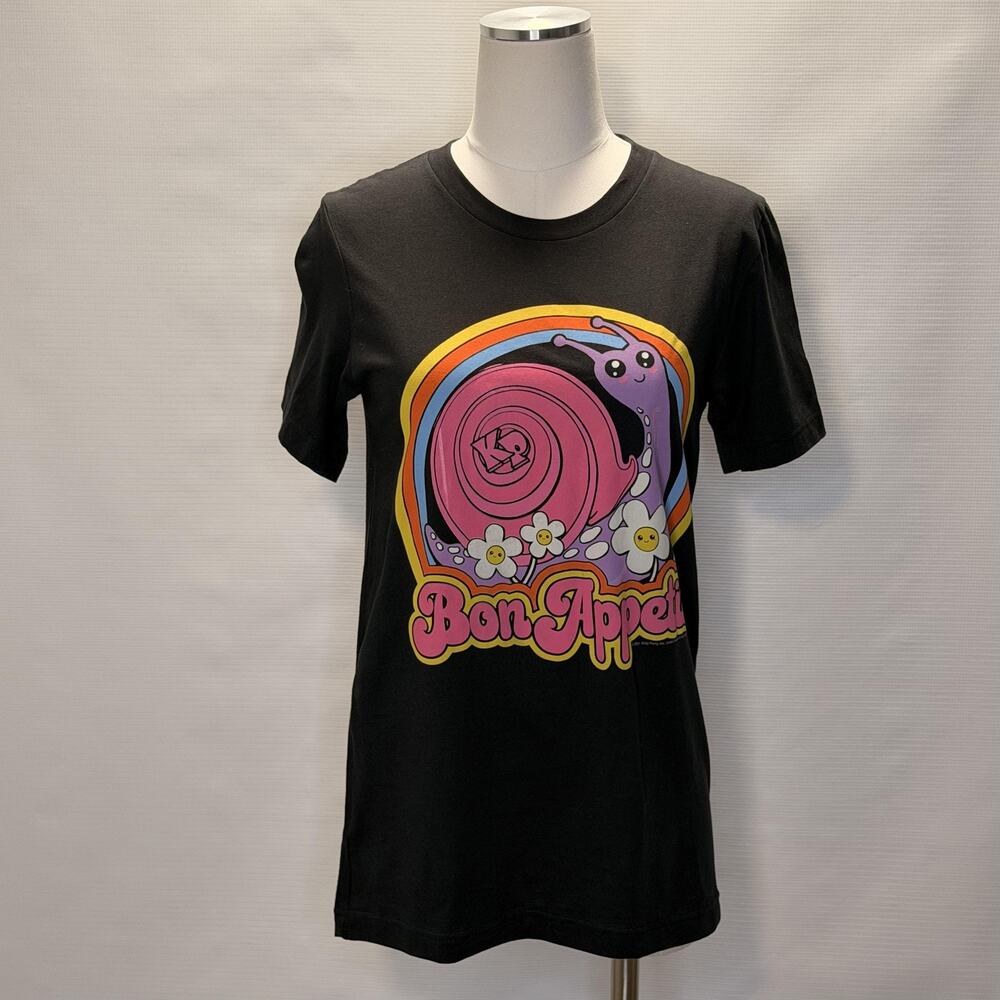 Katy Perry PLAY Shirt Womens Small Black Bon Appetit Snail Graphic Tee Top